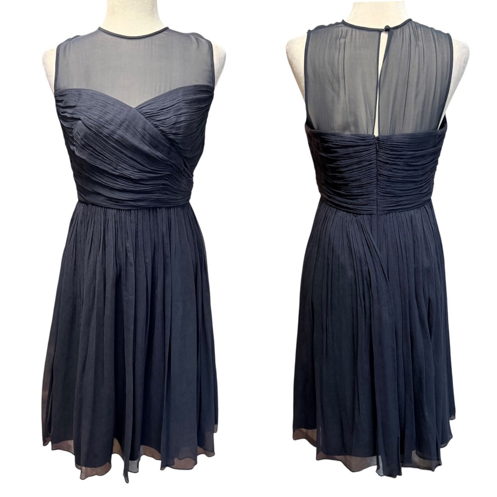 J.Crew Silk Chiffon Cocktail Dress Womens 8 Navy Blue Illusion Ruched Pleated